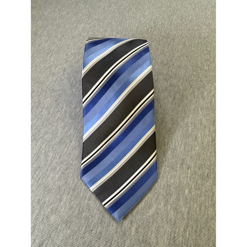 Kenneth Cole Reaction Mens Silk Tie Blue Black White Diagonal Striped Classic